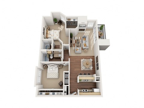 A 3D floor plan of a house with a kitchen, living room, and bedrooms.